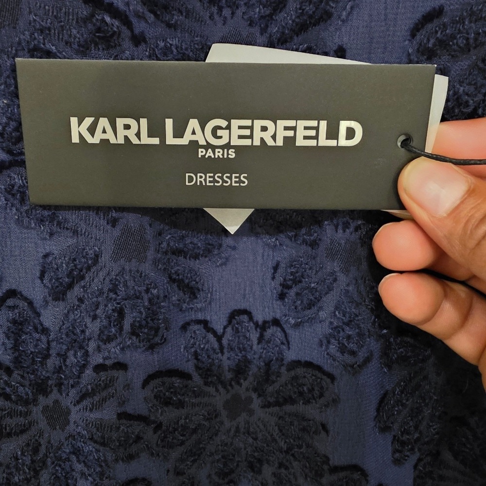 Karl Lagerfeld Paris Navy Blue Floral Eyelash Lace Pearl Detail Shift Dress 12 - Picture 5 of 8